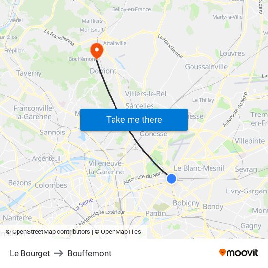 Le Bourget to Bouffemont map