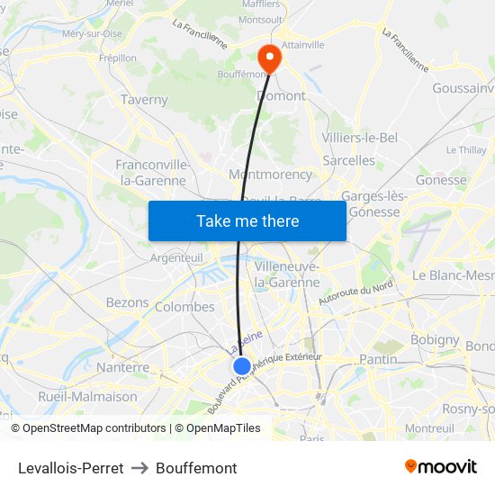 Levallois-Perret to Bouffemont map