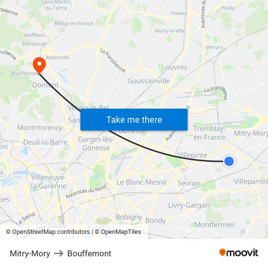 Mitry-Mory to Bouffemont map