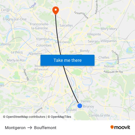 Montgeron to Bouffemont map