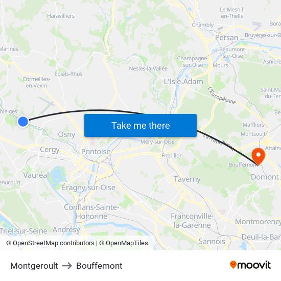 Montgeroult to Bouffemont map