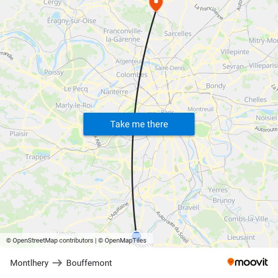 Montlhery to Bouffemont map