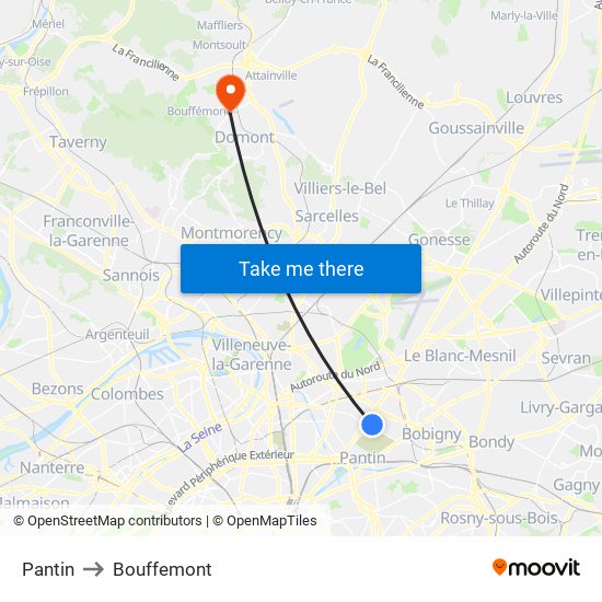 Pantin to Bouffemont map