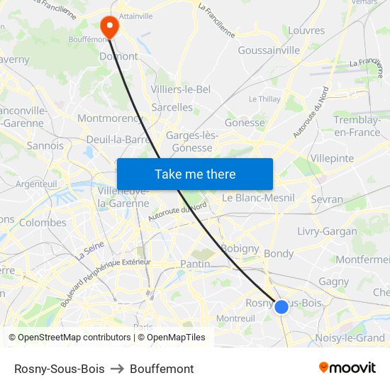 Rosny-Sous-Bois to Bouffemont map