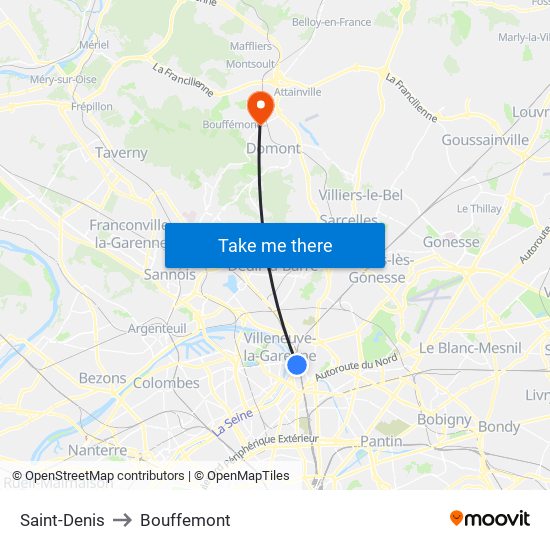 Saint-Denis to Bouffemont map