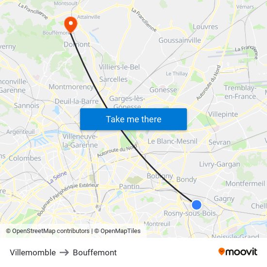 Villemomble to Bouffemont map