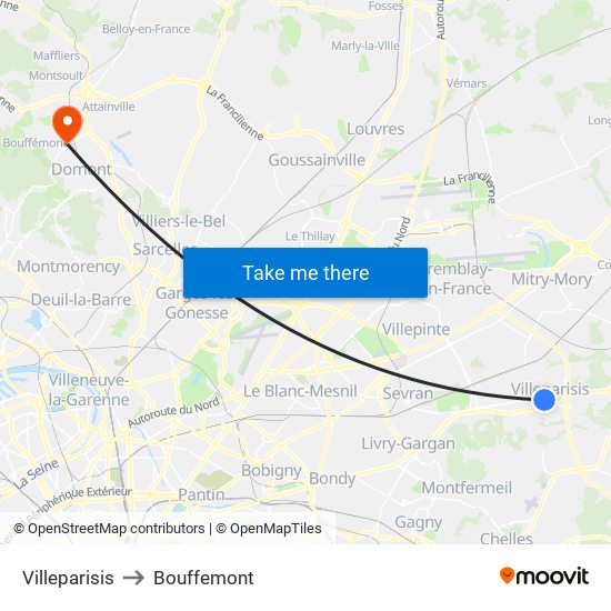 Villeparisis to Bouffemont map