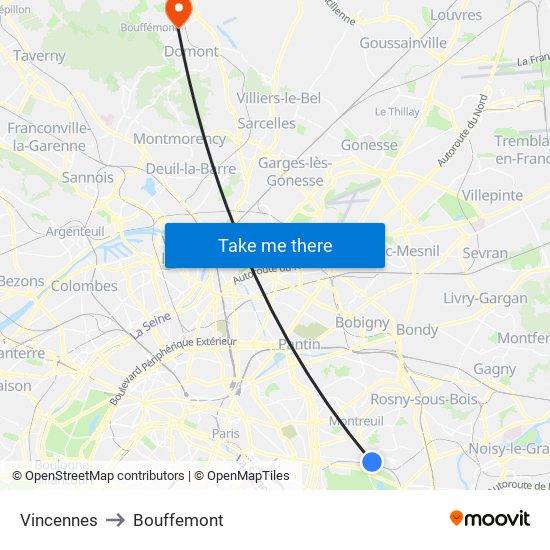 Vincennes to Bouffemont map