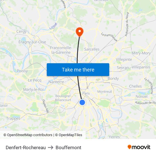 Denfert-Rochereau to Bouffemont map
