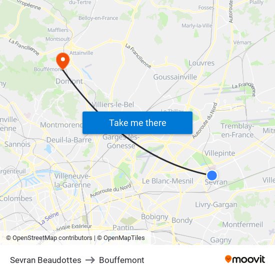 Sevran Beaudottes to Bouffemont map