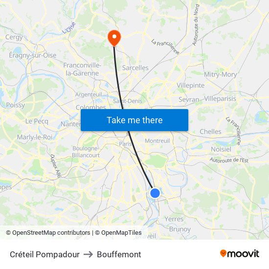 Créteil Pompadour to Bouffemont map