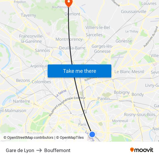 Gare de Lyon to Bouffemont map