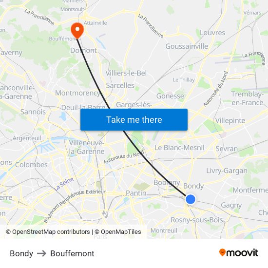 Bondy to Bouffemont map