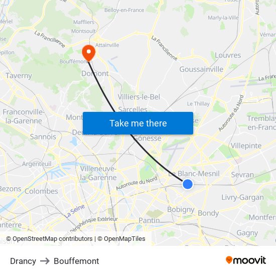 Drancy to Bouffemont map