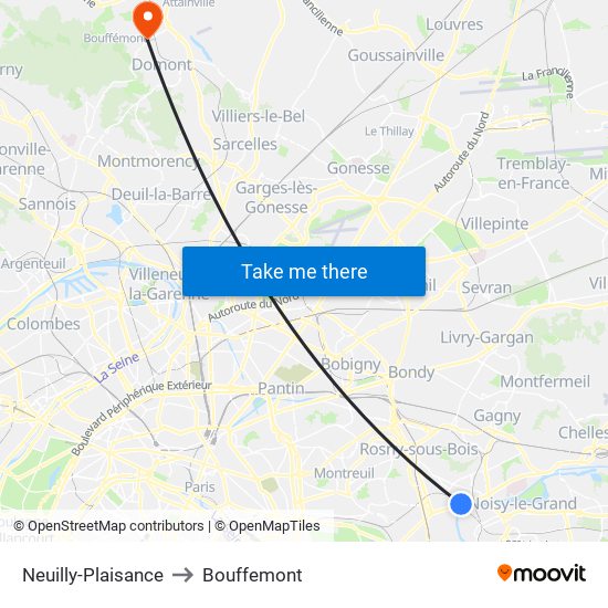 Neuilly-Plaisance to Bouffemont map