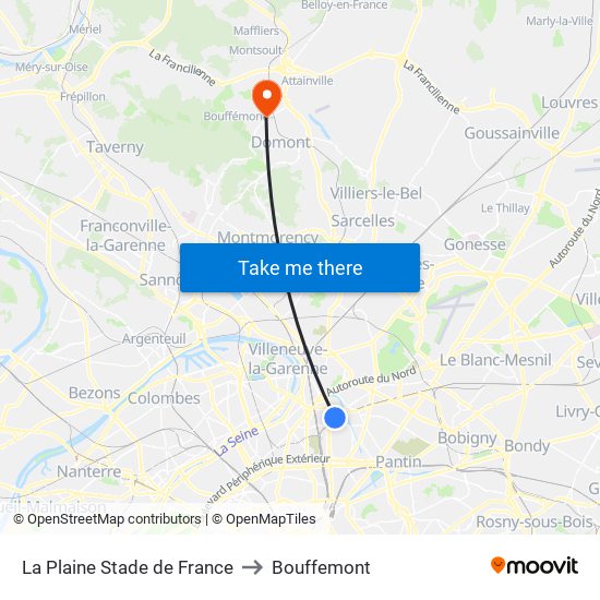 La Plaine Stade de France to Bouffemont map