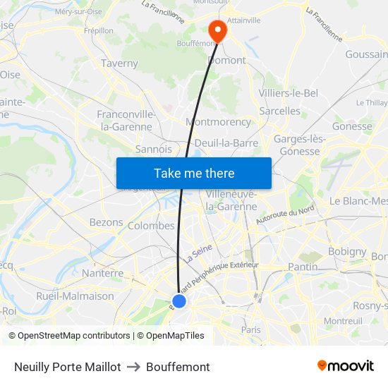 Neuilly Porte Maillot to Bouffemont map