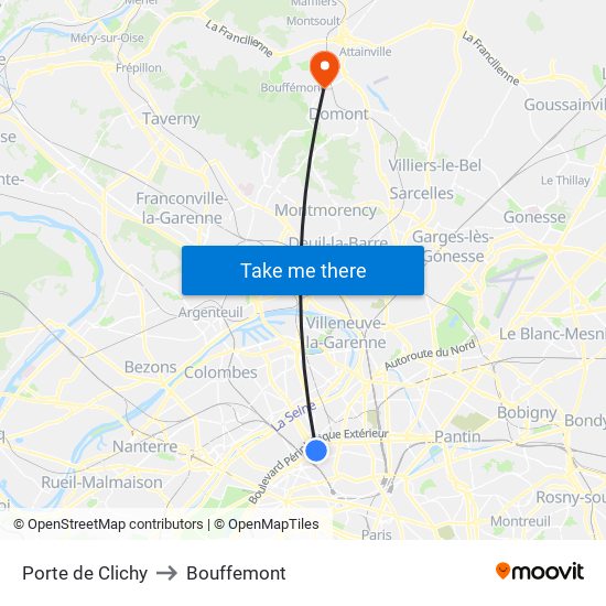 Porte de Clichy to Bouffemont map