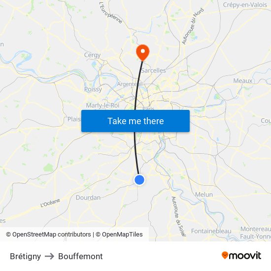 Brétigny to Bouffemont map