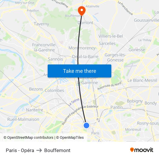 Paris - Opéra to Bouffemont map