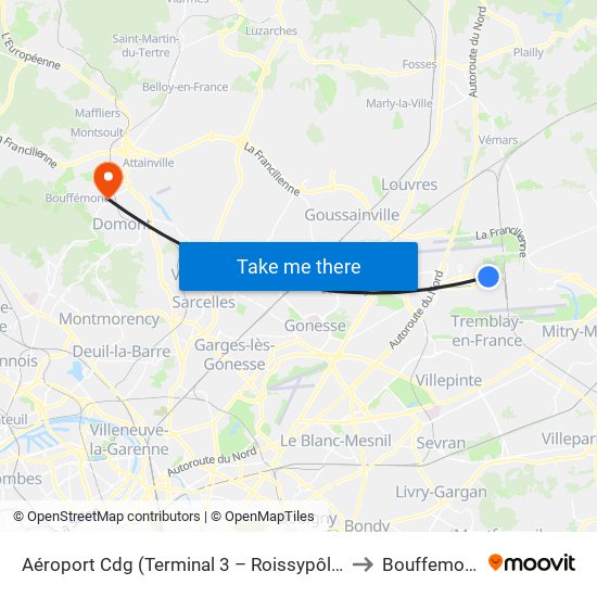 Aéroport Cdg (Terminal 3 – Roissypôle) to Bouffemont map