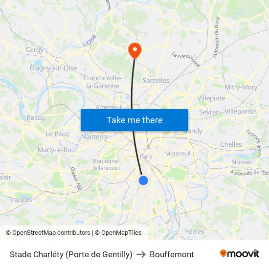 Stade Charléty (Porte de Gentilly) to Bouffemont map