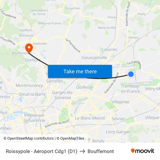 Roissypole - Aéroport Cdg1 (D1) to Bouffemont map