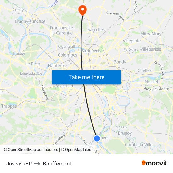 Juvisy RER to Bouffemont map