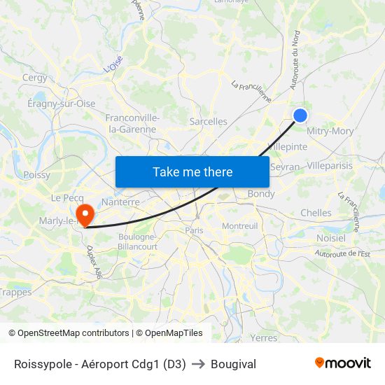 Roissypole - Aéroport Cdg1 (D3) to Bougival map