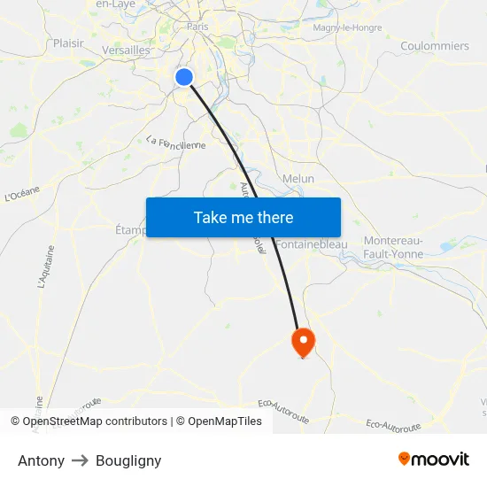 Antony to Bougligny map