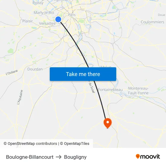 Boulogne-Billancourt to Bougligny map