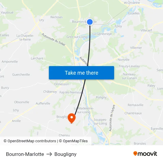 Bourron-Marlotte to Bougligny map