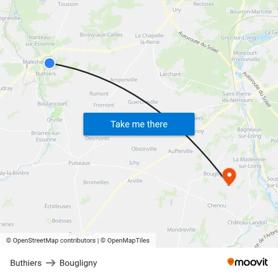 Buthiers to Bougligny map