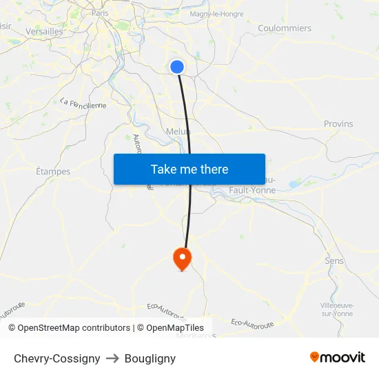 Chevry-Cossigny to Bougligny map
