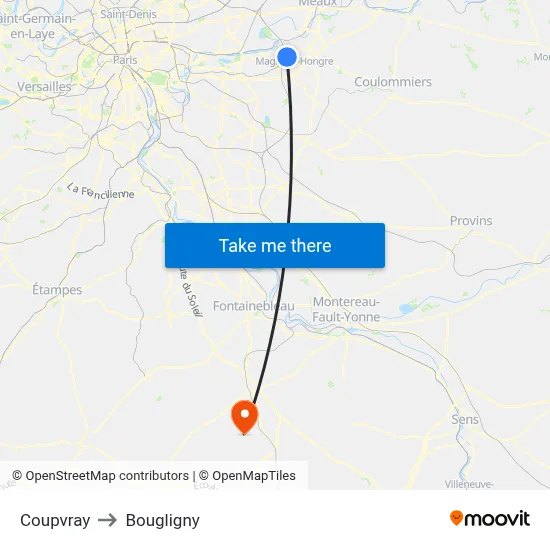 Coupvray to Bougligny map