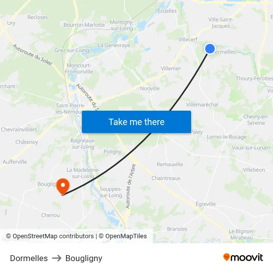 Dormelles to Bougligny map