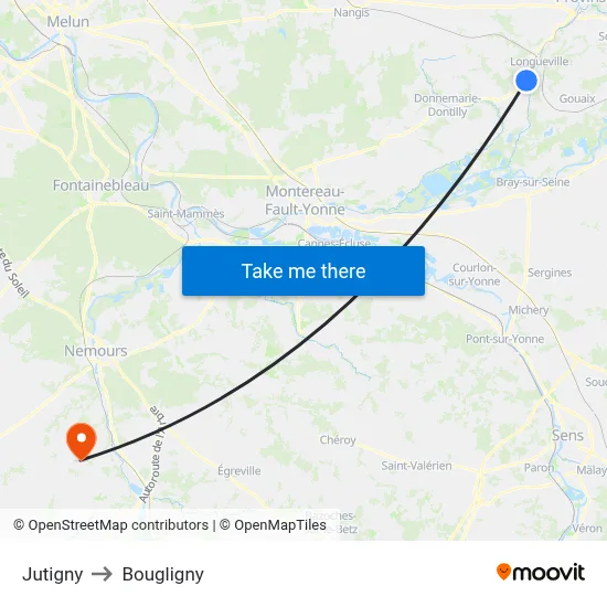 Jutigny to Bougligny map