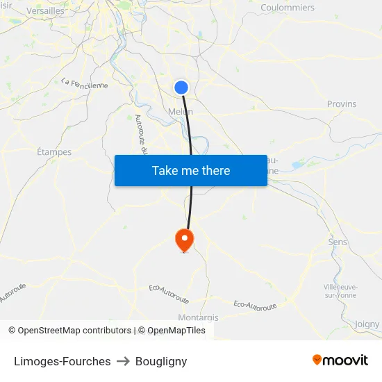 Limoges-Fourches to Bougligny map