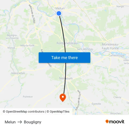 Melun to Bougligny map