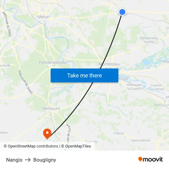 Nangis to Bougligny map