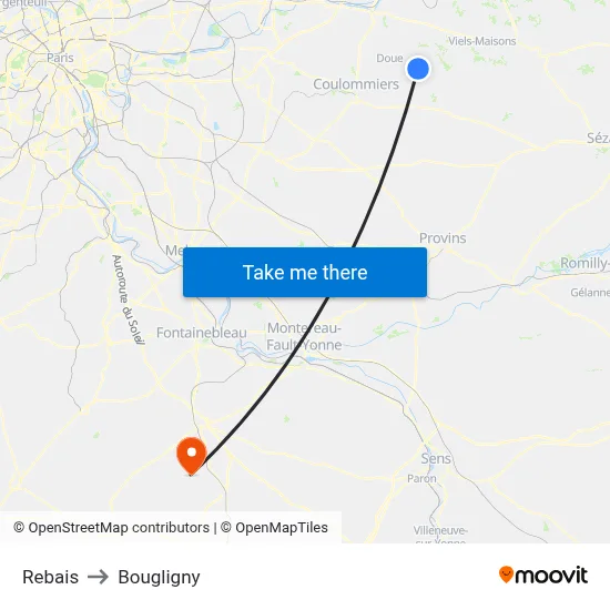 Rebais to Bougligny map