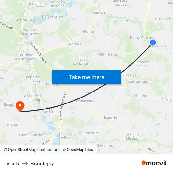 Voulx to Bougligny map
