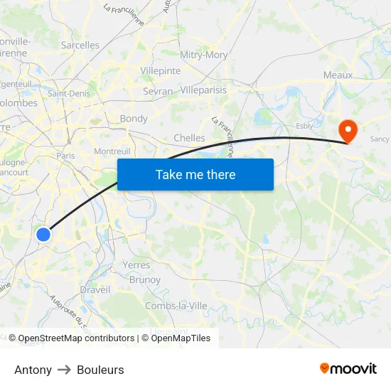Antony to Bouleurs map