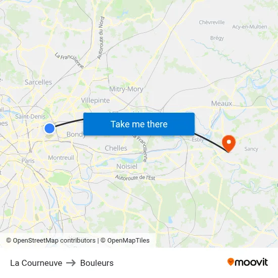 La Courneuve to Bouleurs map