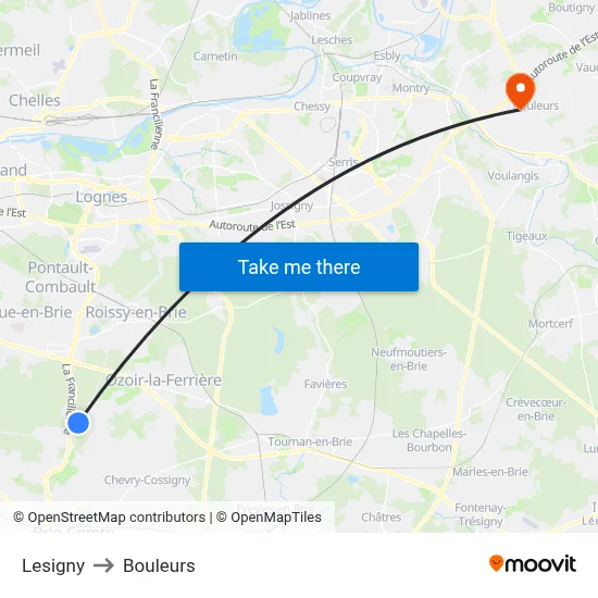 Lesigny to Bouleurs map