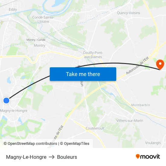 Magny-Le-Hongre to Bouleurs map