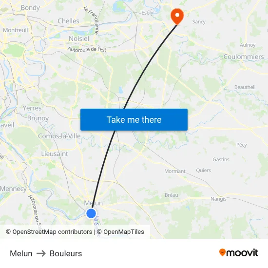 Melun to Bouleurs map