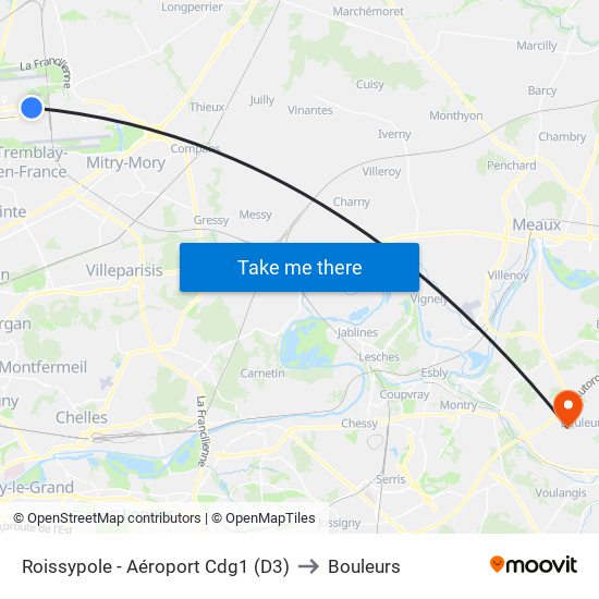 Roissypole - Aéroport Cdg1 (D3) to Bouleurs map