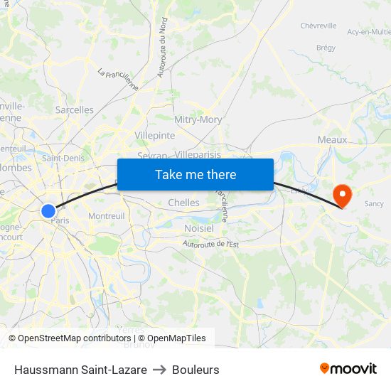 Haussmann Saint-Lazare to Bouleurs map