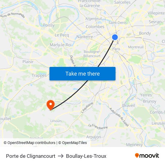 Porte de Clignancourt to Boullay-Les-Troux map